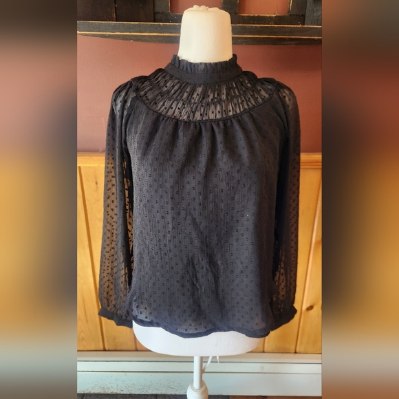 Ann Taylor Loft Clip Dot Shirred Ruffle Neck Blouse Black XS - Picture 3 of 10